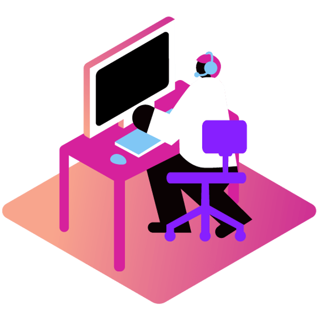UC Hosted Call Center Blog Article Header Illustration of a call center agent at work in front of a computer, talking into a headset to a customer.
