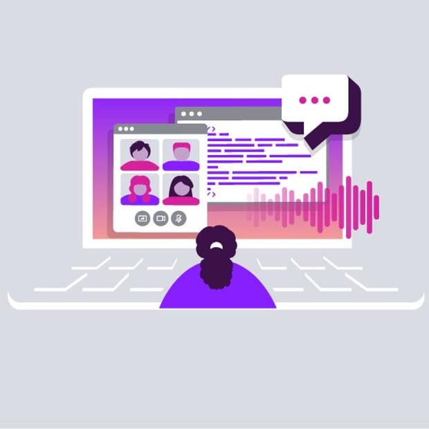 UC SEO Real-Time Communications Blog Header Illustration of a person sitting in front of an oversized laptop. On the screen can be seen a multi-person video conference in action, along with an ongoing text conversation.