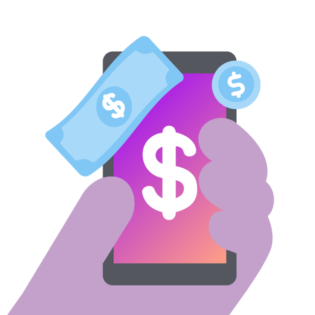 Illustration of a hand holding a cell phone. Around the phone float icons representing money.