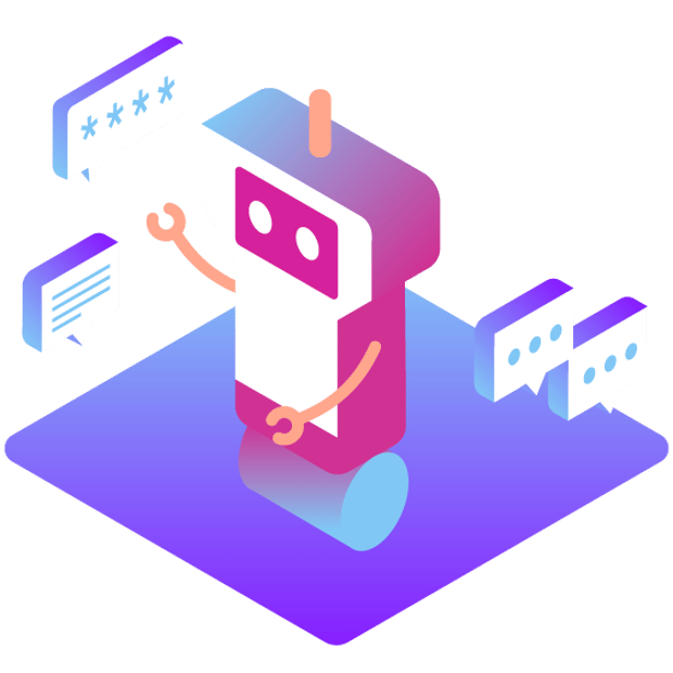Illustratiion of a robot figure surrounded by icons representing different communications channels, like voice, texts and chat