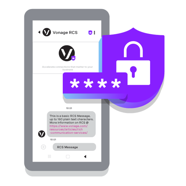 Image of a Rich Communciation Services message on a mobile phone; overlaid on top of the phone is a badge with a lock on it and a bar with 4 asterisks on it indicating that the message is secure Image of a Rich Communciation Services message on a mobile phone; overlaid on top of the phone is a badge with a lock on it and a bar with 4 asterisks on it indicating that the message is secure