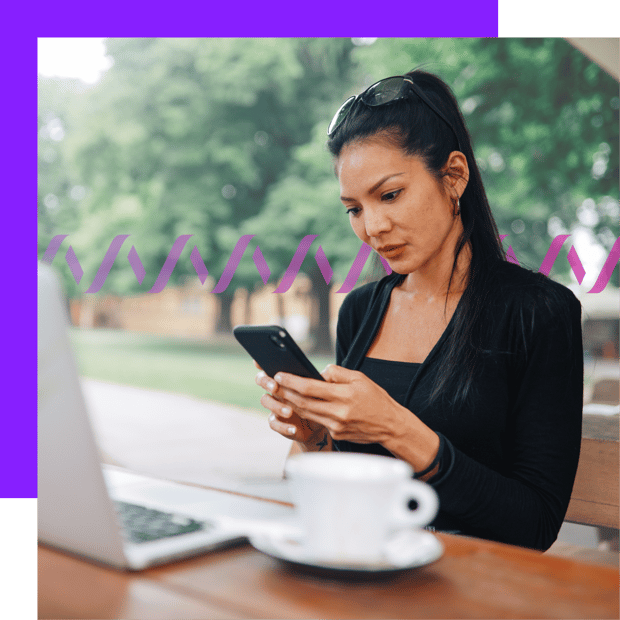 SMS 101 header Photoillustration of a woman holding a cell phone with a laptop and a coffee cup in background