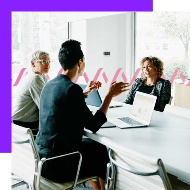 What is Contextual Comm header Photoillustration of three people talking in a conference room