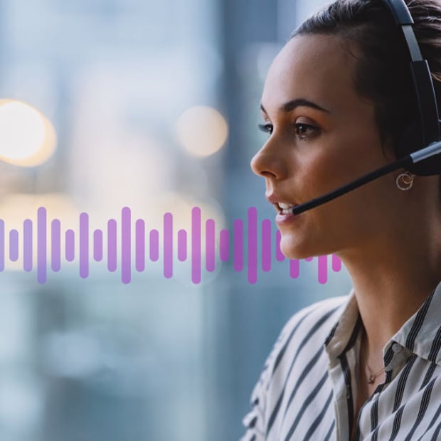 Call Monitoring Header Photo Photo of contact center agent talking into her headset to a customer. In the background are purple gradient wave representing communication.