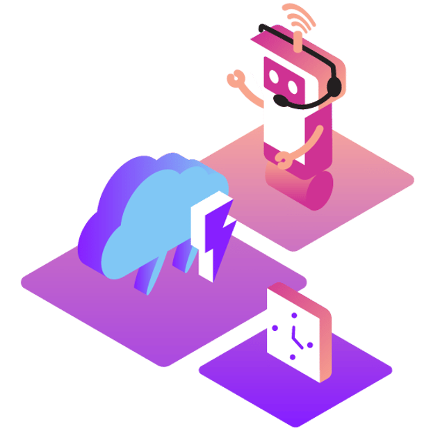 UC SEO Call Center Technology Article Illustration showing the different aspects of call center technology. There are icons representing the cloud, automation, and the always-on power of the technology.