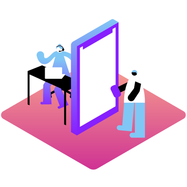 UCaaS - CCaaS Blog Illustrated image employee using a headset and laptop to communicate with a customer, and a customer using a mobile phone to communicate.