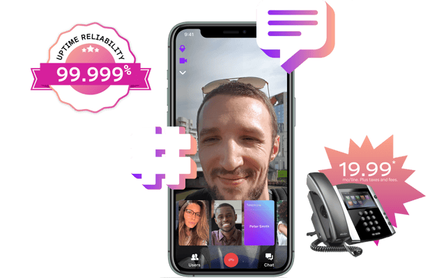 smartphone screen showing Vonage meetings, 3 users on video and one other participant, with two illustrated icons overlaid to represent voice and chat 