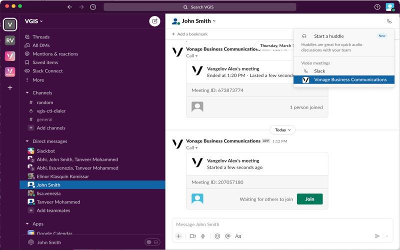 Image of a VBC call starting in slack