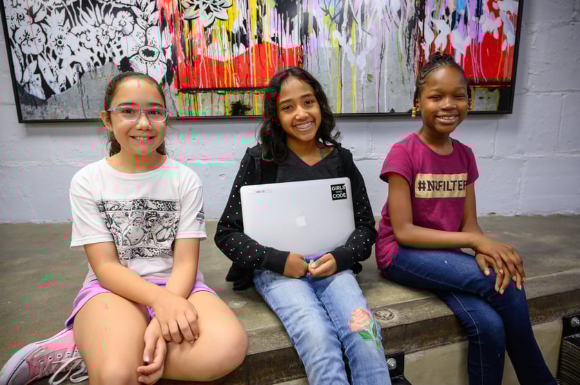 Girls Who Code Image of three students in the Girls Who Code program