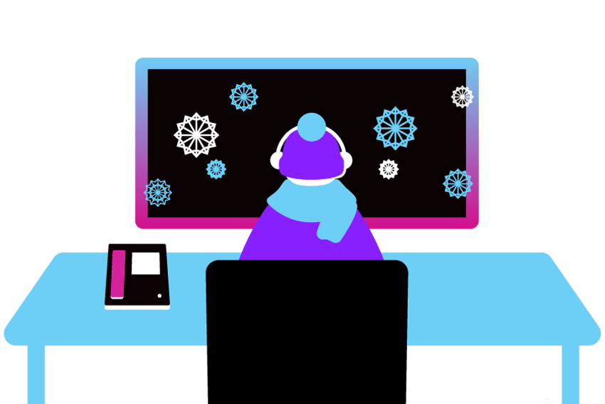 Illustration of a person sitting at a desk whose monitor is sprinkled with snowflakes.