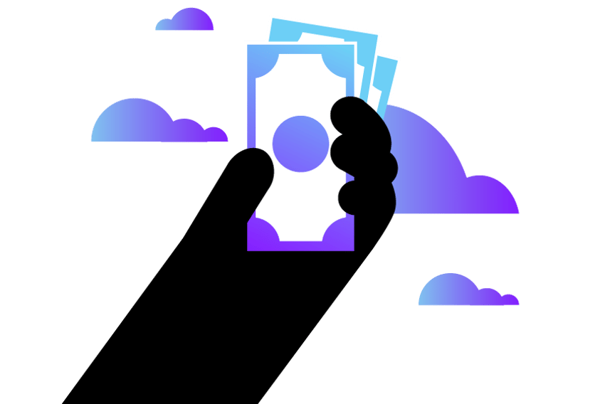 Business VoIP Pricing Header Illustration of an upraised hand holding several pieces of paper money. In the background are several clouds, representing cloud-based phone systems.
