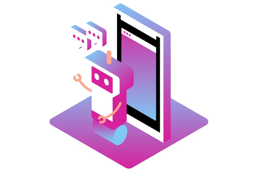 Chatbot Benefits Header Illustration of a chatbot icon and a cell phone