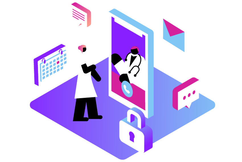 Conversational Commerce Healthcare Header Illustration of a cellphone. Visible on the screen is a doctor. In front of the phone is a patient talking to the doctor, plus several icons representing email, chat, appointment calendar, and security.