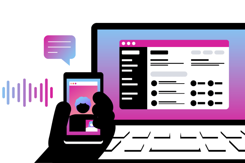 Different Type Phone Systems Header Illustration of a hand holding a cell phone, with a laptop in the background. On the screens of both the phone and laptop we can see ongoing video, voice, and chat conversations.