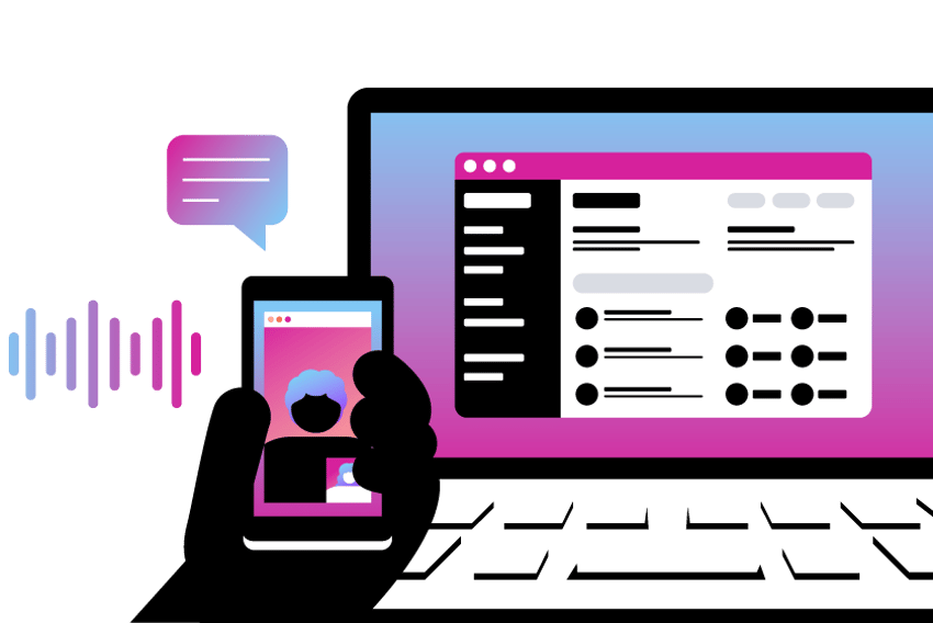 Illustration of a hand holding a cell phone, with a laptop in the background. On the screens of both the phone and laptop we can see ongoing video, voice, and chat conversations. 