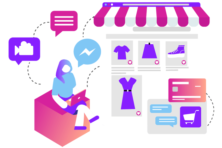 Future of Ecommerce Header Image Illustration of a woman sitting outside a brick-and-mortar store. She is using her laptop, and we see icons representing her shopping for clothes items, watching videos, chatting with store clerks, and making purchases online.