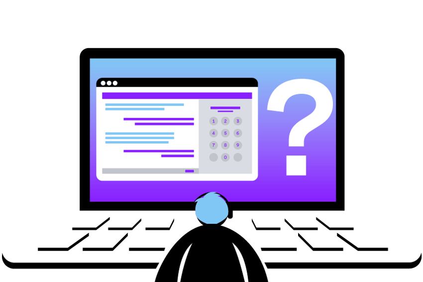 Virtual Phone System Work Header Illustration of person sitting wearing a headset in front of an oversized laptop. On the screen is a keypad and ongoing conversation, and a large question mark.