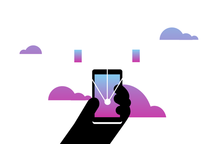 Illustration of a hand holding a cell phone. There are arrows coming from the phone piinting to other phones and to a set of gears, representing the installation and configuring process for the phones.