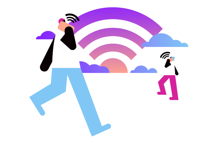 Voice API CX Header Illustration of two people walking outside, one in the foreground, one farther back, talking into cell phones. In the background are clouds and a sun.