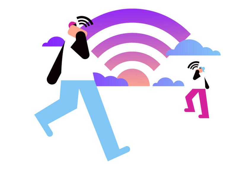 Illustration of two people walking outside, one in the foreground, one farther back, talking into cell phones. In the background are clouds and a sun.