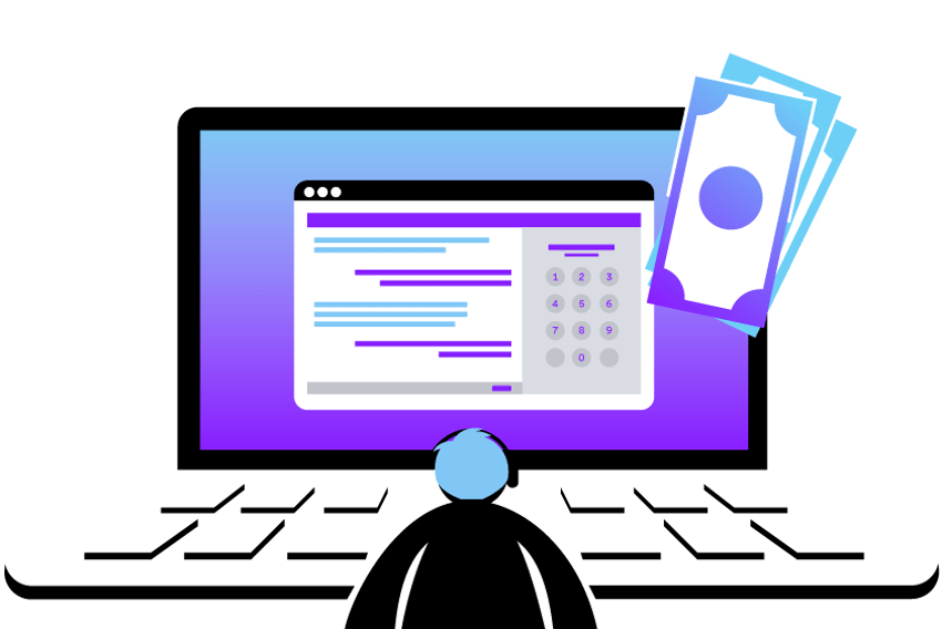 Virtual Phone System Cost Header Illustration of a person wearing a headset sitting at a desk, seen from behind. In front of the person is an oversized laptop. On the screen is a keypad and an ongoing conversation, along with several pieces of paper money..