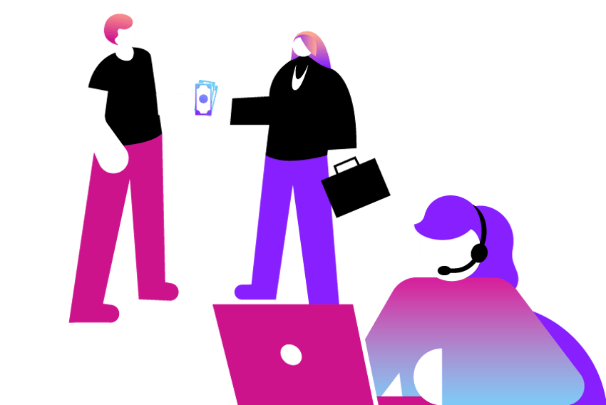 PCI Pal Payments Partnership Header Illustration of three people. In the background are a shopper and a retailer exchanging money. In the foreground is a contact center agent wearing a headset.