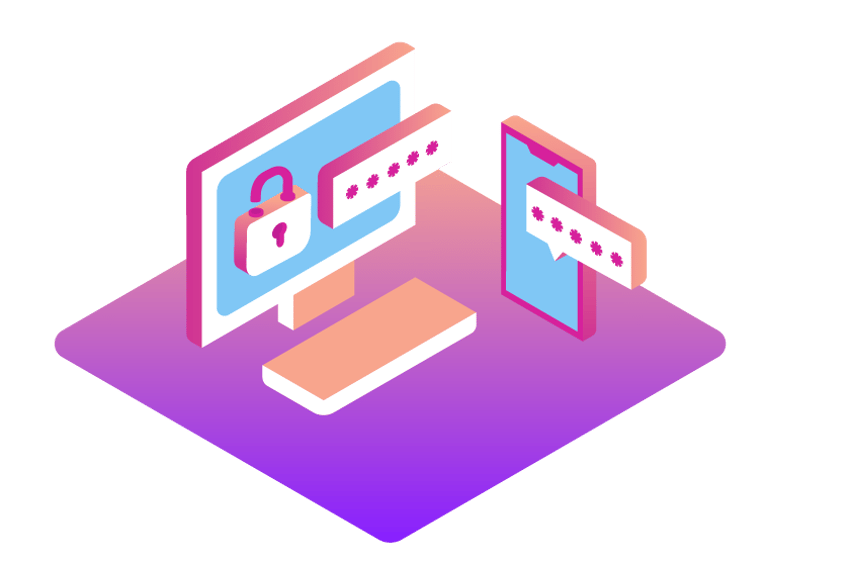 Illustration of a computer with a picture of a lock on the monitor screen, along with a code. Beside it is a cell phone with the same code on its screen