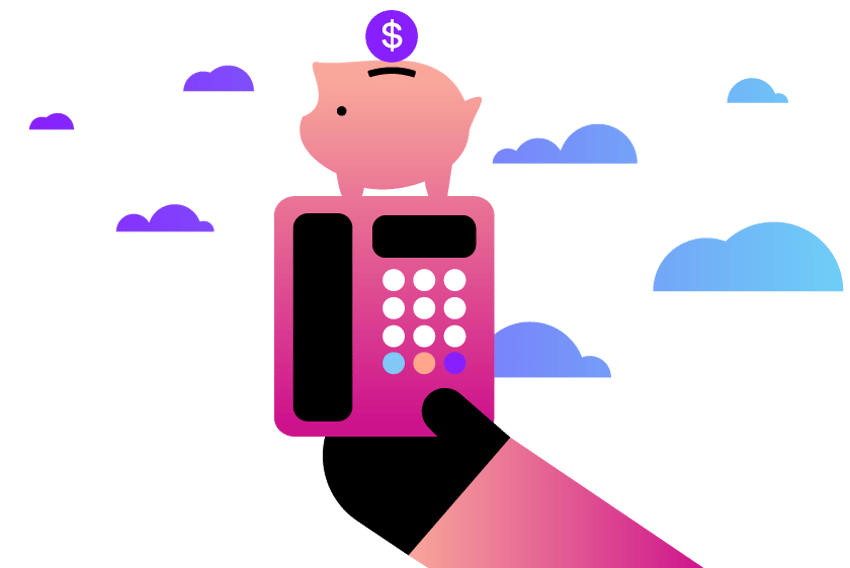 Phone System Costs Header Illustration of a hand holding an office phone. Above the hand is a piggy bank with a money symbol, representing cost savings. Floating around the phone are cloud icons.