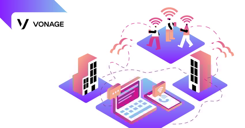 Illustration showing cloud-based connections between customers and different locations and communications channels, including online and cell phones. 