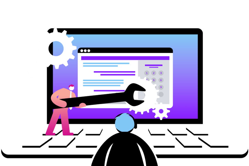 Set Up Virtual Phone System Header Illustration of a person wearing a headset sitting at a desk, seen from behind. In front of the person is an oversized laptop. On the screen is a keypad and an ongoing conversation. On the keyboard is a small man with a wrench adjusting several gears. along with several pieces of paper money..