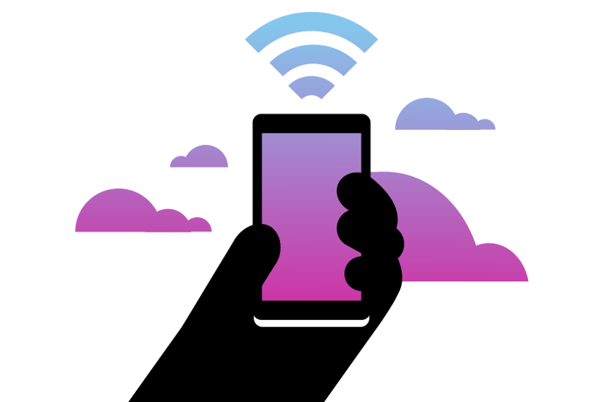 Small Business Phone System Header Illustration of a hand holding a cell phone. In the background are clouds, representing a cloud-based phone system.