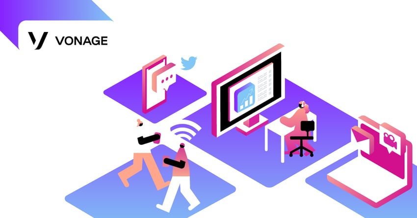 Illustration of an agent surrounded by customers and different communication channels, including phones, video, email, and social.
