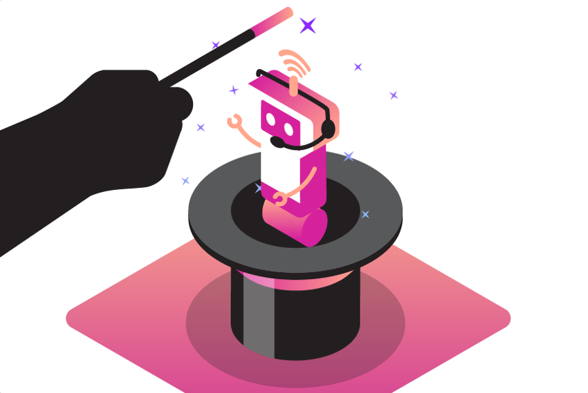 Virtual Assistant Header Illustration of a magician's hat and a hand holding a wand. Out of the hat is popping a small robot figure representing a virtual assistant.