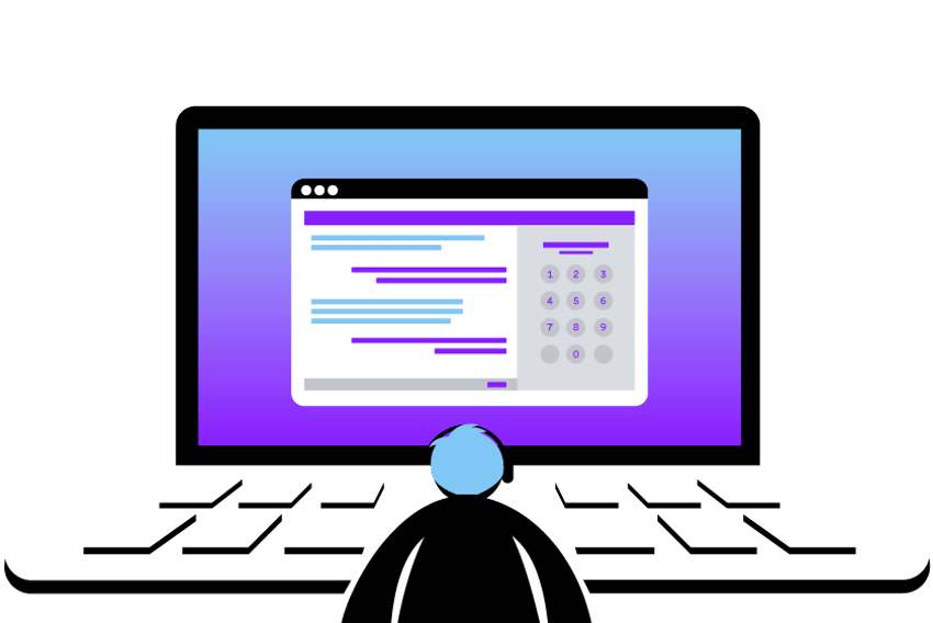 Virtual Phone System Header Illustration of business employee in front of oversized laptop. They are wearing a headset. On the screen is a phone pad and an ongoing conversation.