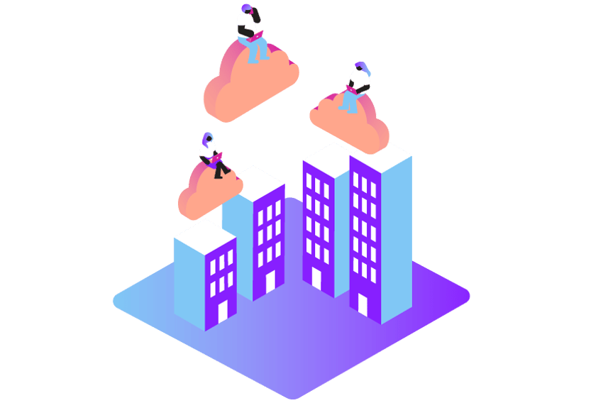 VoIP and Hosted PBX Header Illustration of several office buildings. Above them are several employees using laptops floating on clouds.