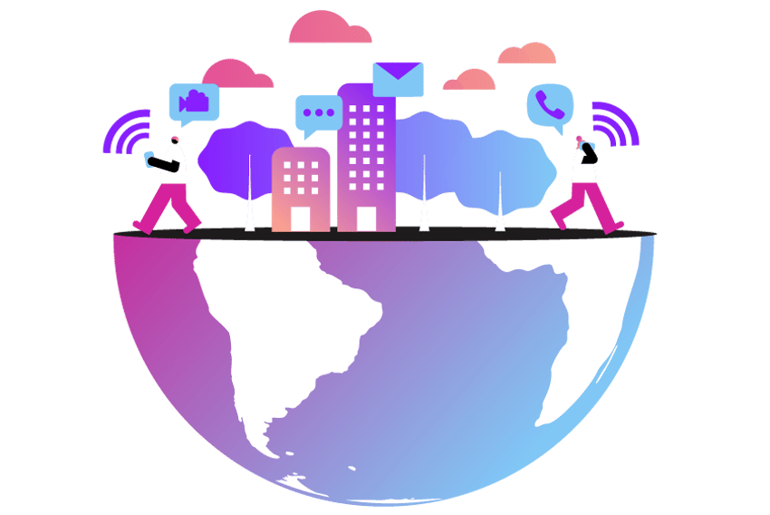 VoIP International Calls Header Illustration showing a globe with the top half removed, creating a bowl shape. On the top surface are people and businesses, as well as icons representing phone calls, texts, emails, and other cloud-based communications