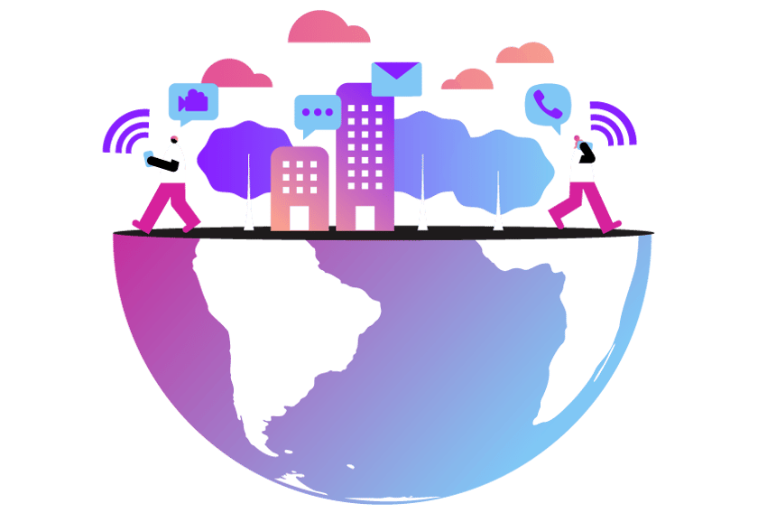 Illustration showing a globe with the top half removed, creating a bowl shape. On the top surface are people and businesses, as well as icons representing phone calls, texts, emails, and other cloud-based communications 