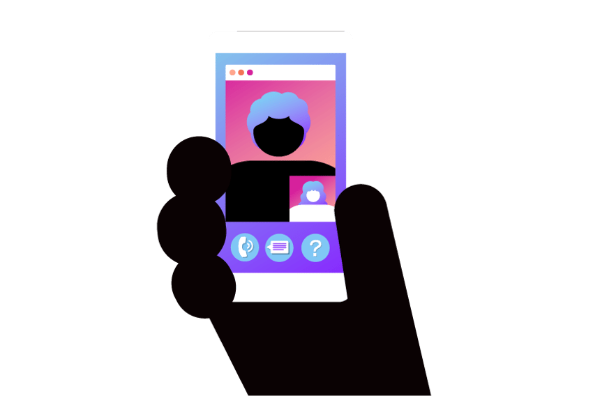 Multi-Line Phone System Header Illustration of a hand holding a cell phone. On the screen are shown two face on separate windows, representing a multi-line conversation.