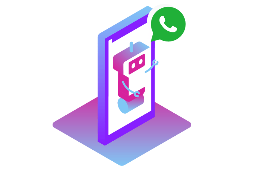 WhatsApp Bot Header Image of a mobile phone screen with a chatbot on it and a WhatsApp icon