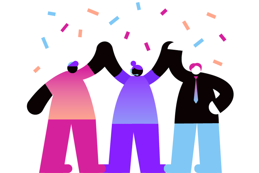 Positive Customer Experience Header Illustration showing three happy, celebrating people with their hands upraised as confetti falls from above