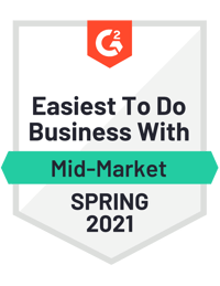 G2 Easiest To Do Business With Mid-Market Spring 2021 Award G2 Easiest To Do Business With Mid-Market Spring 2021 Award