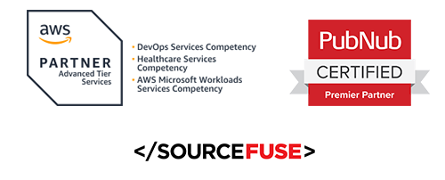 Image of three logos:  AWS, AWS Partner Advanced Tier Services:  DevOps Services Competency, Healthcare Services Competency, AWS Microsoft Workloads Services Competency.  PubNub, Certified Premier Partner.  SourceFuse. 
