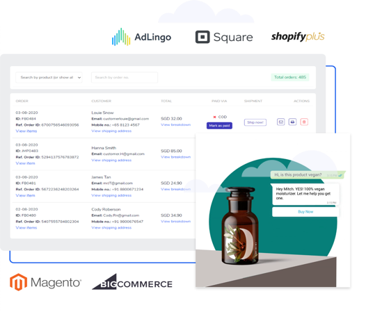 Image of conversational commerce dashboard with different integrations available, including Google AdLingo, Square, Shopify plus and more