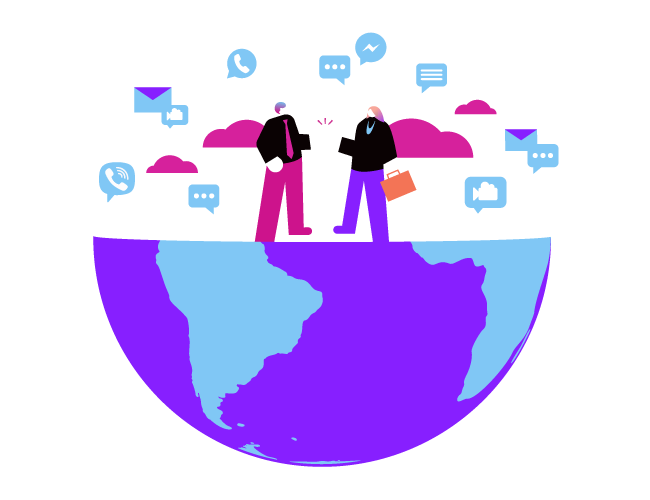 Illustration of two people fist bumping standing on half a globe