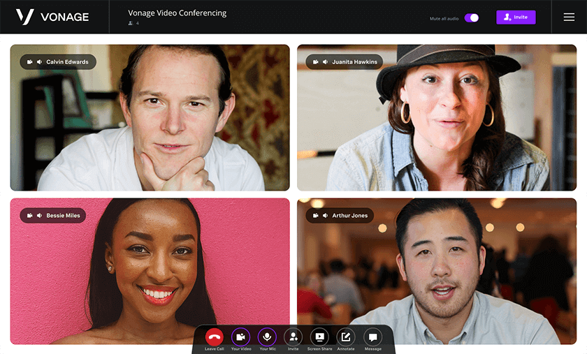 Interface of video conferencing screen with four individuals on it