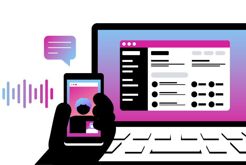 Different Type Phone Systems Header Illustration of a hand holding a cell phone, with a laptop in the background. On the screens of both the phone and laptop we can see ongoing video, voice, and chat conversations.