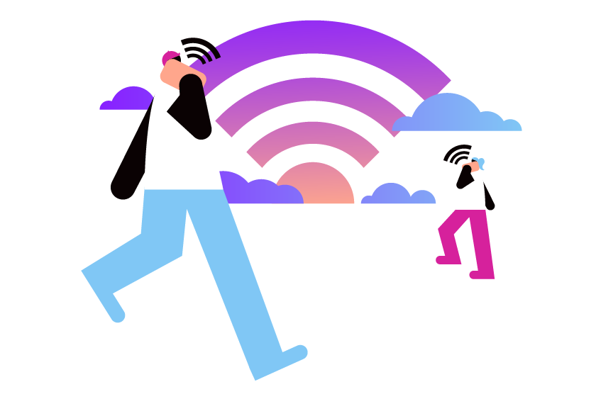 Voice API CX Header Illustration of two people walking outside, one in the foreground, one farther back, talking into cell phones. In the background are clouds and a sun.