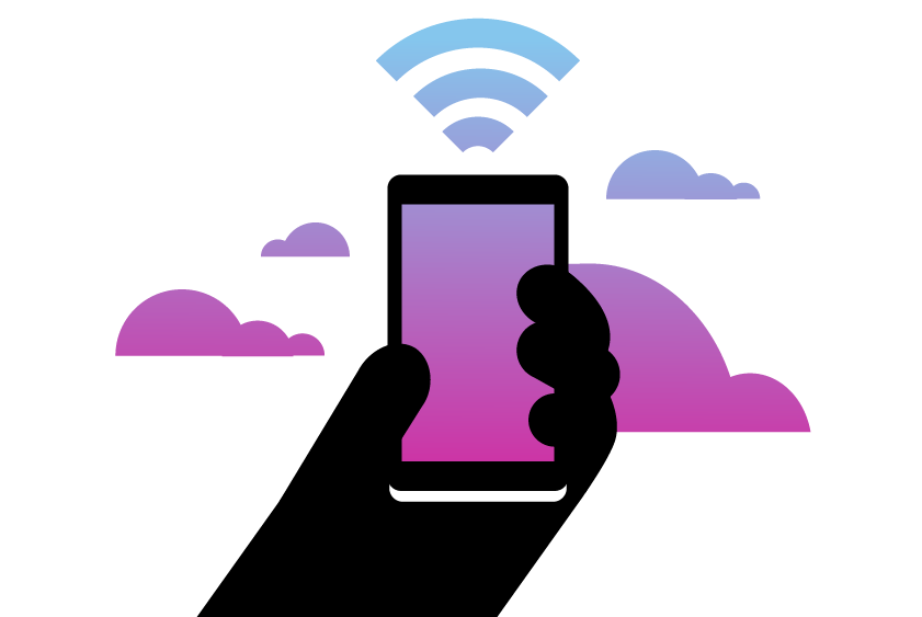 Illustration of a hand holding a cell phone. In the background are clouds, representing a cloud-based phone system.