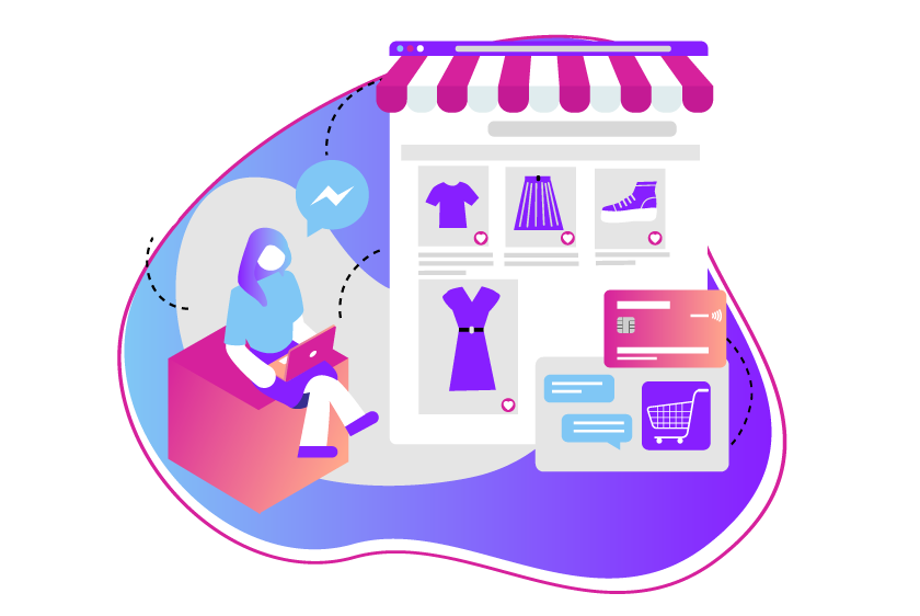 Social CRM Header Image Illustration of a woman shopping on her laptop. Several icons float around her representing the different social media channels she is using to connect with the seller. Beside her is an image showing the clothing she is shopping for online.