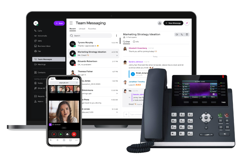 Photo composite showing a desk phone, cellphone and laptop computer. On the cellphone screen we see a video call and on the laptop screen we see a team messaging dashboard.